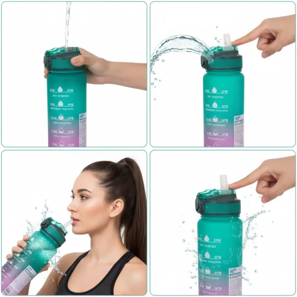 Gradient Motivational Hydration Water Bottle with Time Marker & Straw - 900ml - Image 3