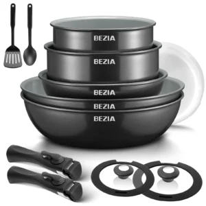 Bezia Induction Cookware with Healthy Ceramic Coating, Nonstick Pots and Pans Set 13pcs with Detachable Handles