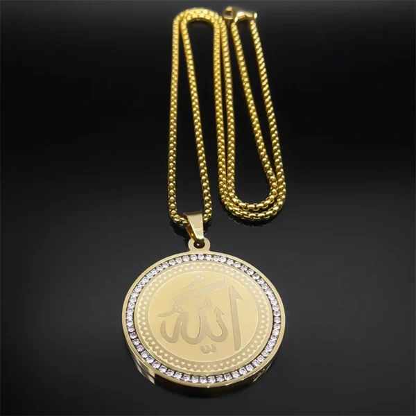 Arabic Quran Allah Medal Necklace for Women Men Rhinestone Stainless Steel Gold Color Islam Muslim Chain Jewelry collar NZZZ490 - Image 4