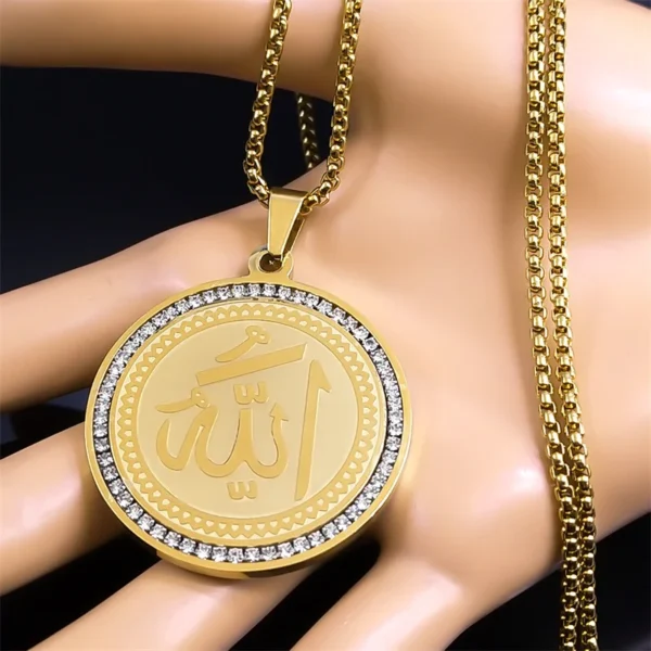 Arabic Quran Allah Medal Necklace for Women Men Rhinestone Stainless Steel Gold Color Islam Muslim Chain Jewelry collar NZZZ490 - Image 5