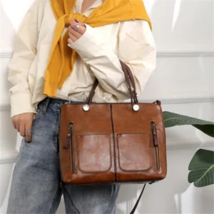 Leather Handbag Shoulder Bag, Two Pocket Zipper Tote Bag, Classic Crossbody Bags for Women Work and Business