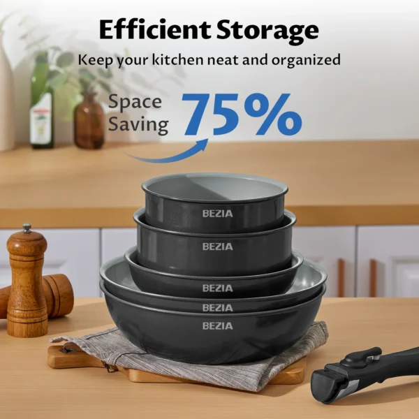 Bezia Induction Cookware with Healthy Ceramic Coating, Nonstick Pots and Pans Set 13pcs with Detachable Handles - Image 5
