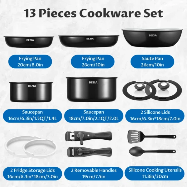 Bezia Induction Cookware with Healthy Ceramic Coating, Nonstick Pots and Pans Set 13pcs with Detachable Handles - Image 6