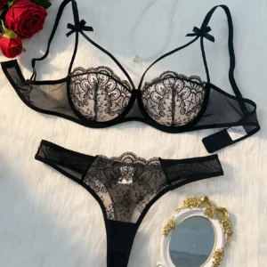 2-piece women's black comfortable lightweight bow semi transparent lingerie set