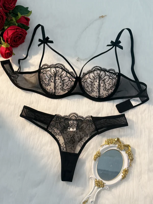 2-piece women's black comfortable lightweight bow semi transparent lingerie set