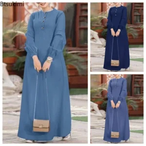 Casual Denim Long Sleeve Muslim Abaya for Women - Loose Fit Spring Maxi Dress - Elegant Middle East Saudi Arab Modest Jeans Robe