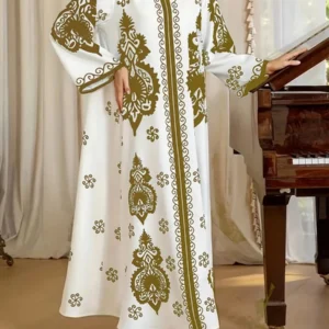 Elegant Bronzing Print Muslim Abaya for Women - Long V-Neck Eid Dress - Dubai Kaftan Arab Morocco Jalabiya Modest Ramadan Robe