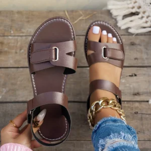 Women Summer Flat Sandals Fashion Metal Buckle Strap, Open Toe Casual Beach Roman Shoes for Ladies