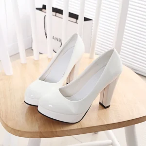 High Heels Shoes Women White Wedding Shoes Thick 10 CM Heels Fashion Party Pumps Footwear Black Red Round