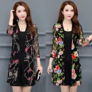 Female Mid Length Large Size Sun Protection Cardigan Tops Coat, Women Summer Gauze Lace Print Thin Sun Sunscreen Jacket