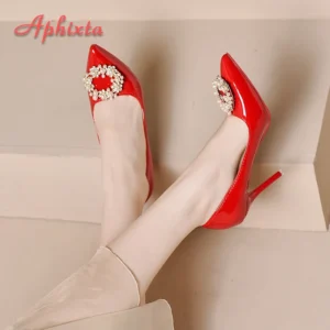 Aphixta Hot 10cm Stiletto Heels Pearl Buckle Gradient Pumps Women Shoes Patent Leather Super High Pointed Toe Super Big - Image 4