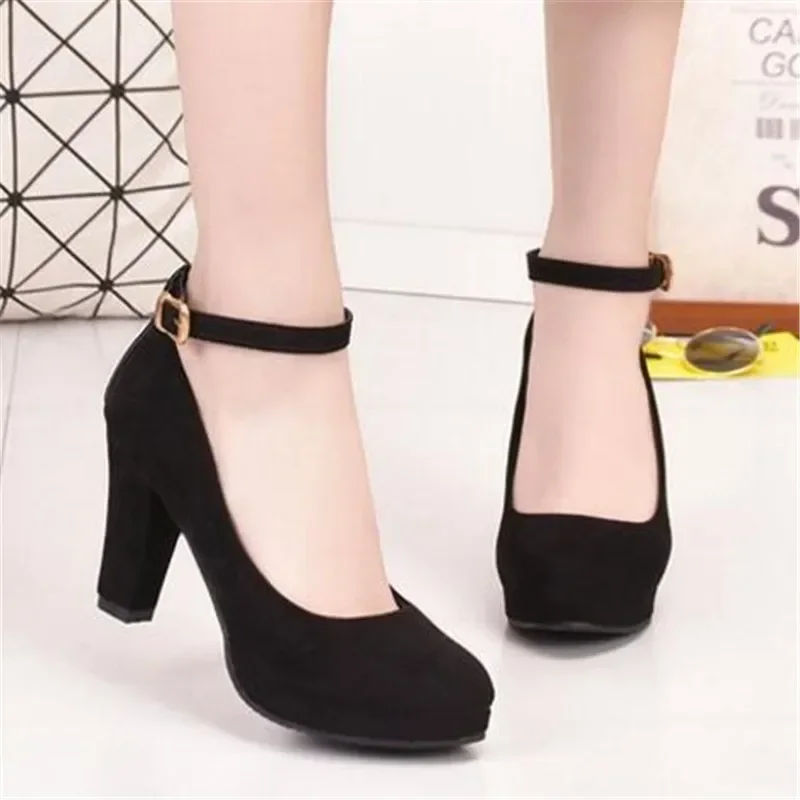 kf-S81f02ab49b3d4ad2a5dfe1adefcc222cr Spring Women Pumps Flock Sweet Thick High Heels Ankle Strap, Female Platform Classic Round Toe Dress Cute Shoes Ladies Footwear - Image 1