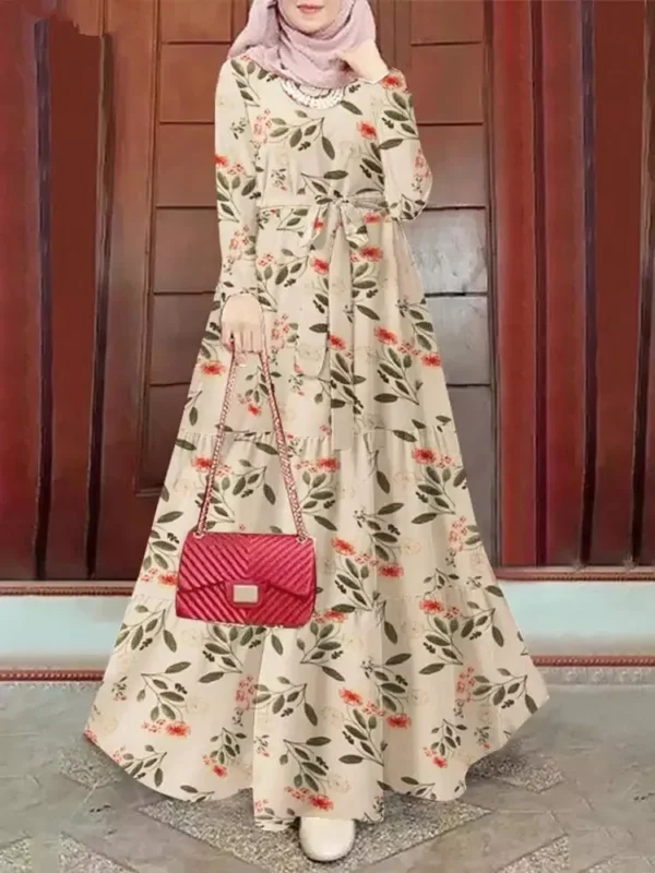 Printed Muslim Abaya Dress with Waist Sash - Elegant Ramadan Eid Jalabiya - Dubai Morocco Lace-Up Kaftan Saudi Arab Long Robe