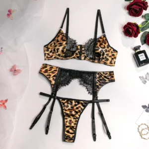 Wild Leopard Printed Lace Patchwork Lingerie Set Women Comfortable, Three Piece Bra and Panty Set Female Exotic Apparel Suit