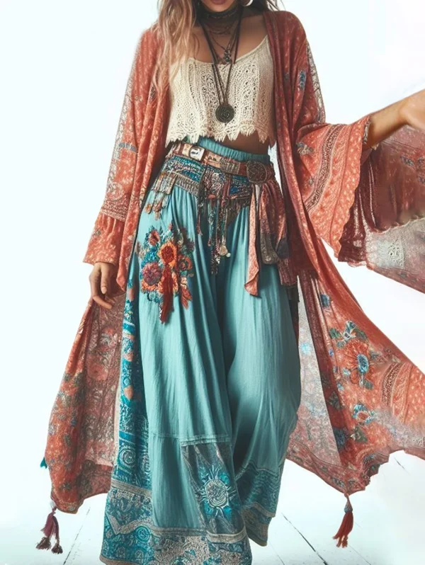 Women Long Sleeve Cardigan Summer New Thin Loose Bohemian Print Mid-length Cardigan Holiday Fashion