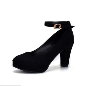 Spring Women Pumps Flock Sweet Thick High Heels Ankle Strap, Female Platform Classic Round Toe Dress Cute Shoes Ladies Footwear - Image 4